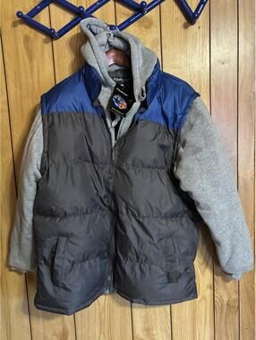 Men’s Fourcast Outerwear Puffer Vest Jacket Size L Gray Blue Hooded Full Zip